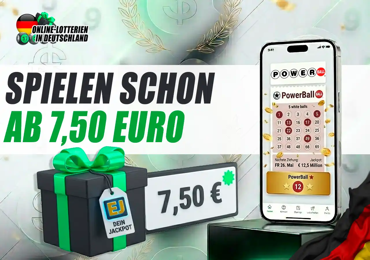 Günstiger PowerBall Spielpreis ab 7,50 Euro und Teilnahmebedingungen.